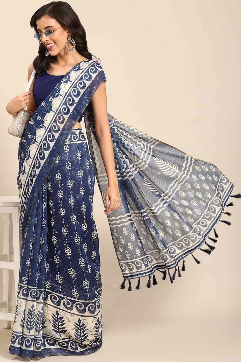 Buy Blue Cotton Block Printed One Minute Saree Online 