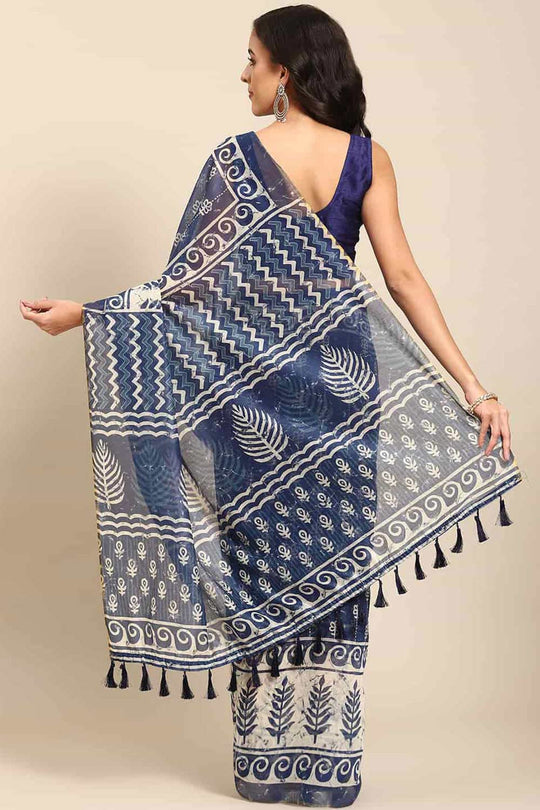 Buy Blue Cotton Block Printed Saree Online - Front 