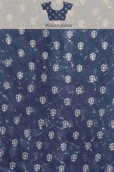 Buy Blue Cotton Block Printed Saree Online - Side1 
