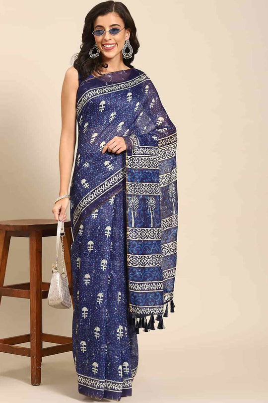 Buy Blue Cotton Block Printed One Minute Saree Online 