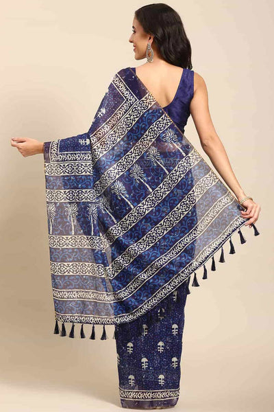 Buy Blue Cotton Block Printed Saree Online - Front 