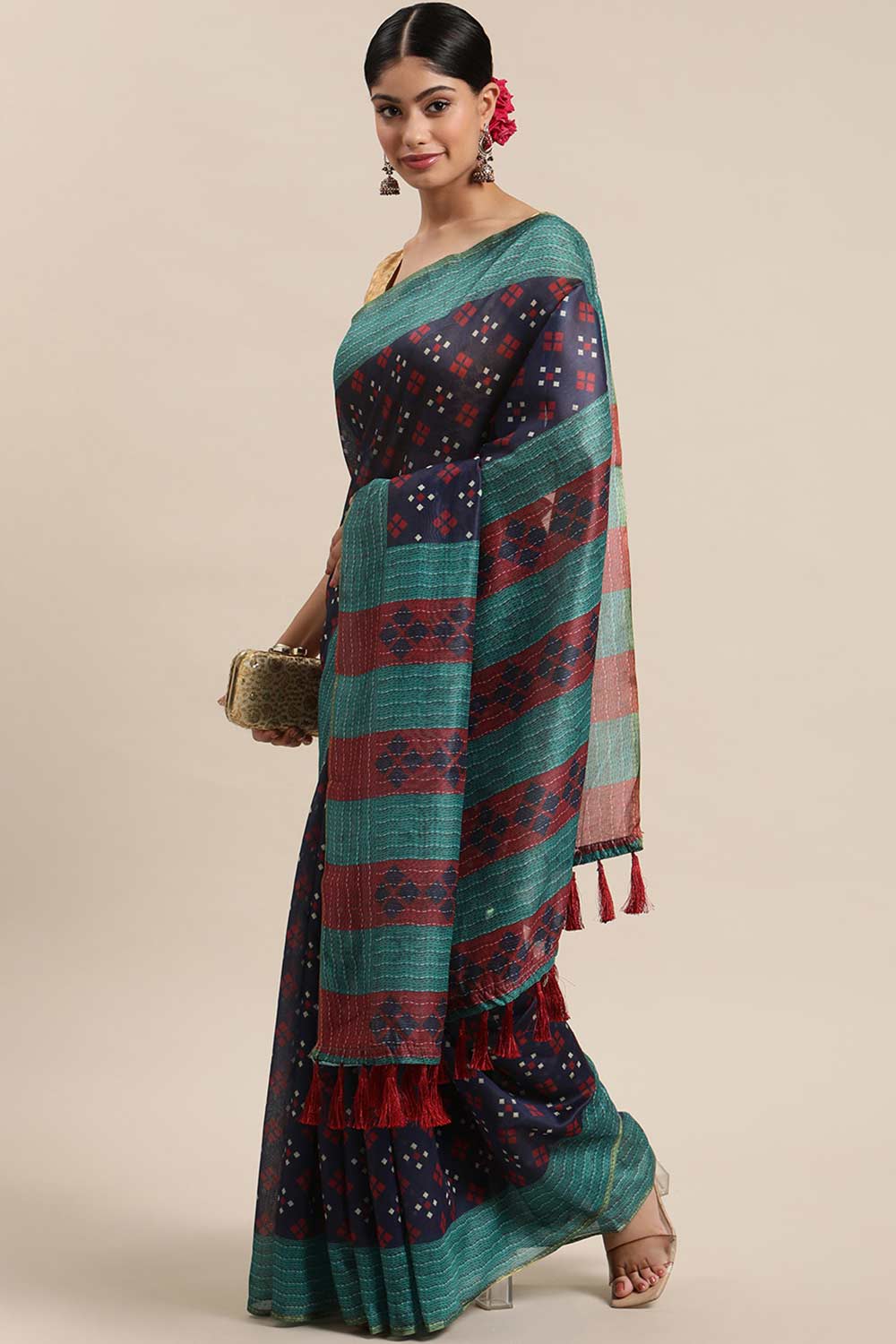 Buy Navy Blue Poly Cotton Bandhani Printed One Minute Saree Online 