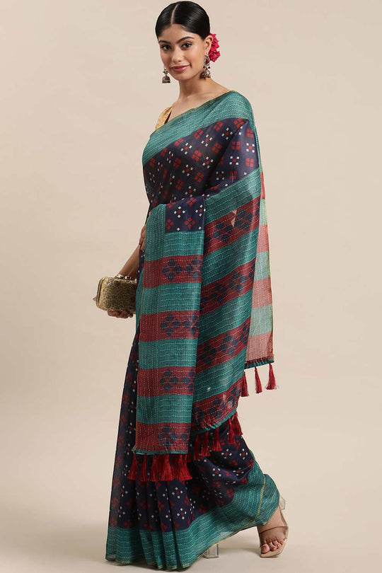 Buy Navy Blue Poly Cotton Bandhani Printed One Minute Saree Online 