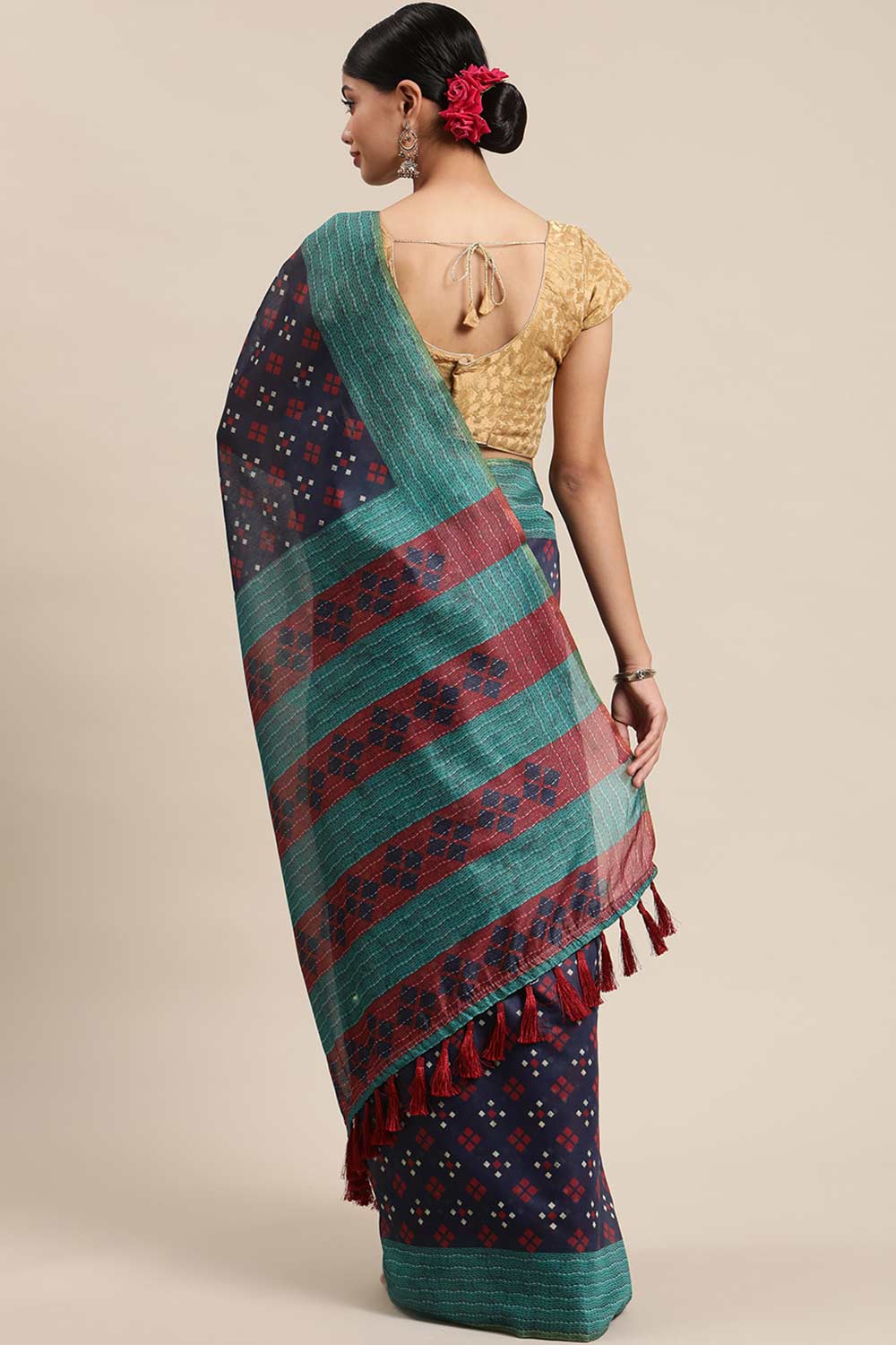 Buy Navy Blue Poly Cotton Bandhani Printed Saree Online - Front 