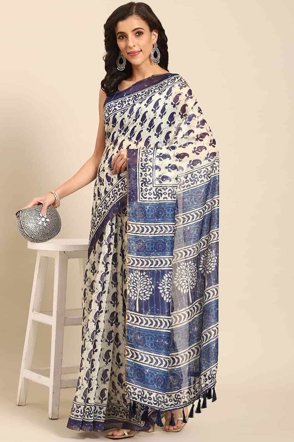 Buy Blue Cotton Block Printed One Minute Saree Online 
