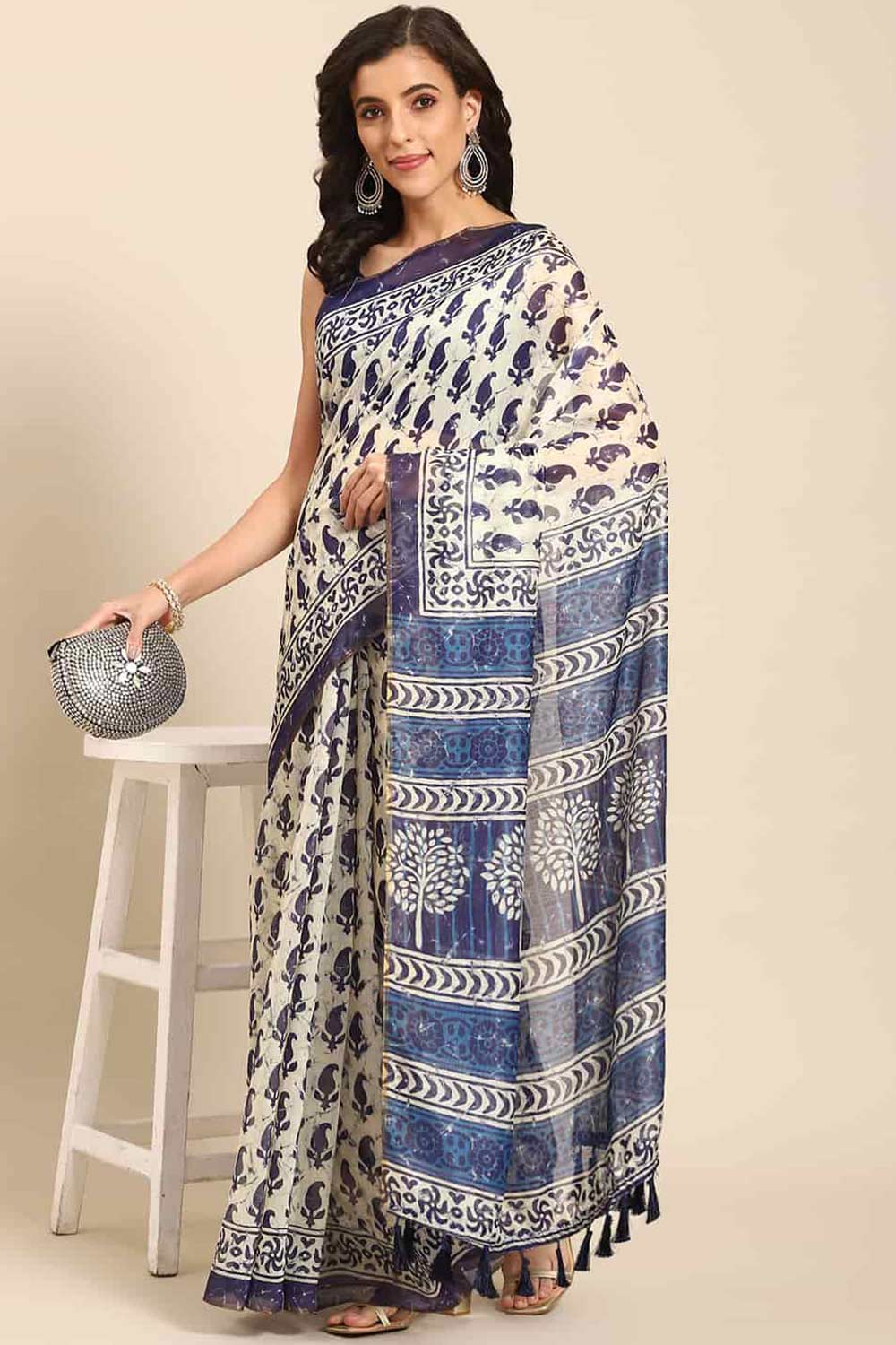 Buy Blue Cotton Block Printed One Minute Saree Online 