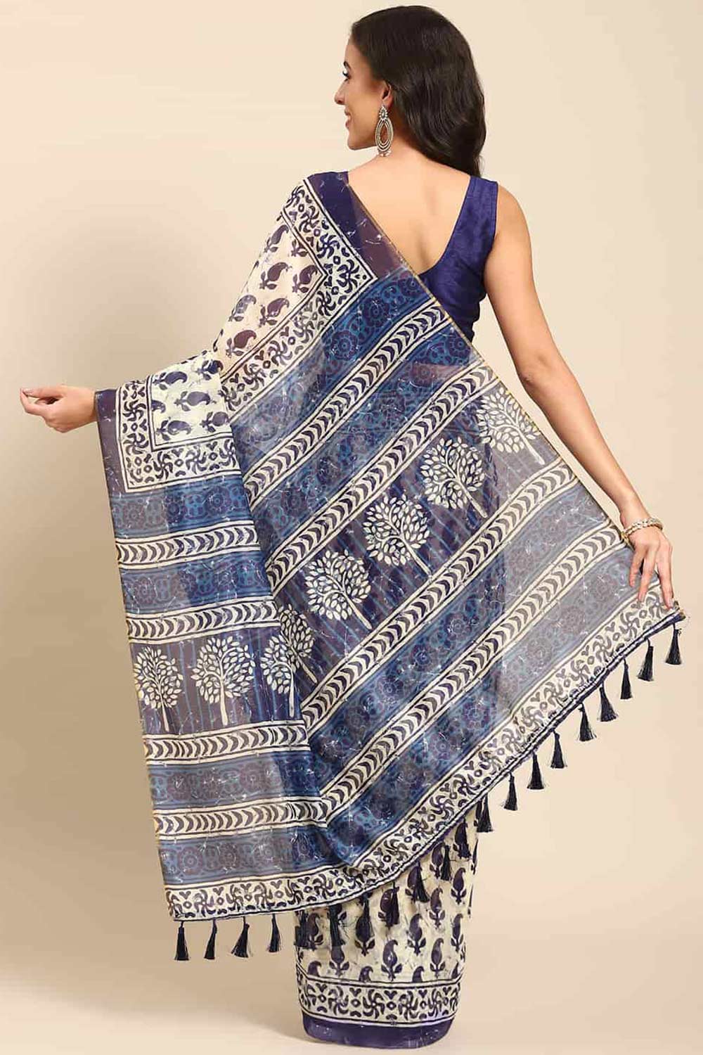 Buy Blue Cotton Block Printed Saree Online - Front 