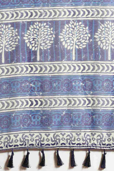 Buy Blue Cotton Block Printed Saree Online - Zoom In 