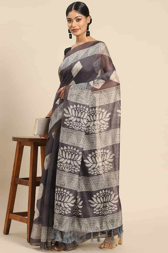 Buy Black Cotton Block Printed One Minute Saree Online 