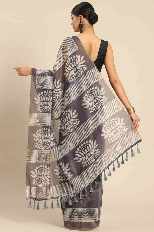 Buy Black Cotton Block Printed Saree Online - Front 