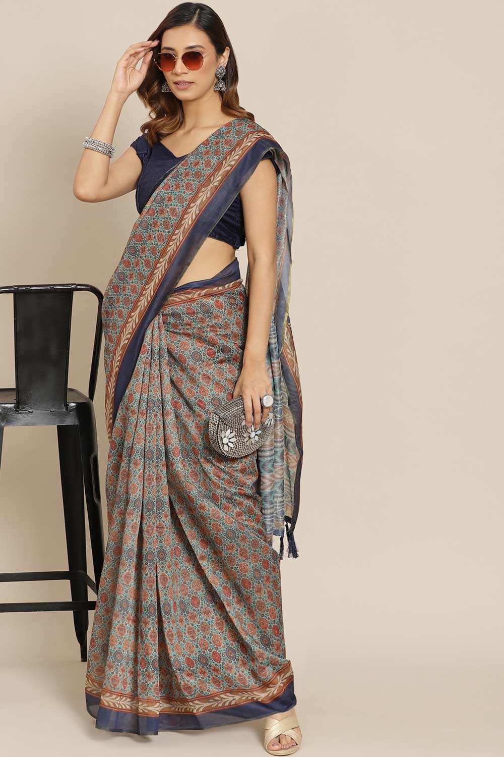Buy Multicolor Cotton Block Printed Saree Online - Front 
