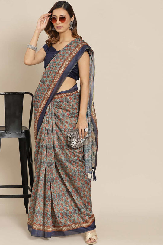Buy Multicolor Cotton Block Printed Saree Online - Front 
