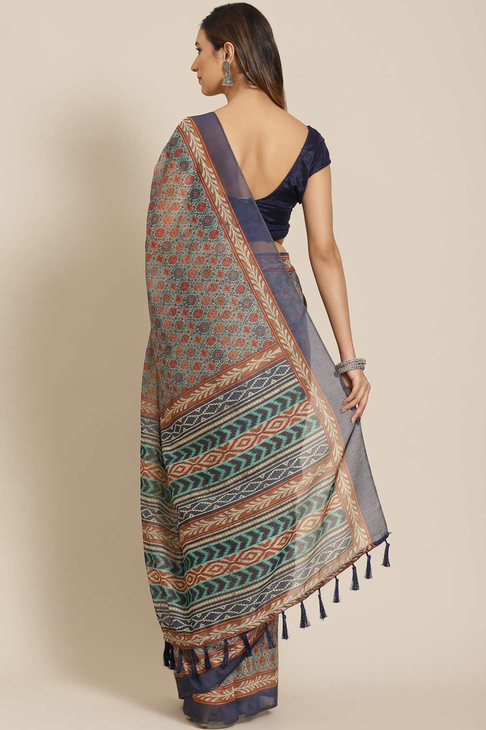 Buy Multicolor Cotton Block Printed Saree Online - Front 