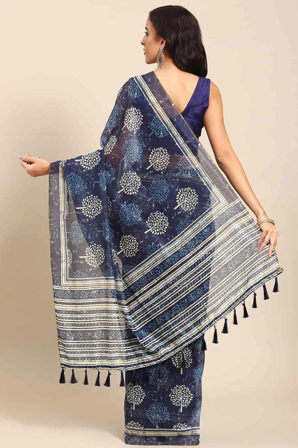 Buy Blue Cotton Block Printed Saree Online - Front 