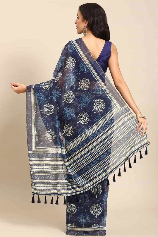 Buy Blue Cotton Block Printed Saree Online - Front 