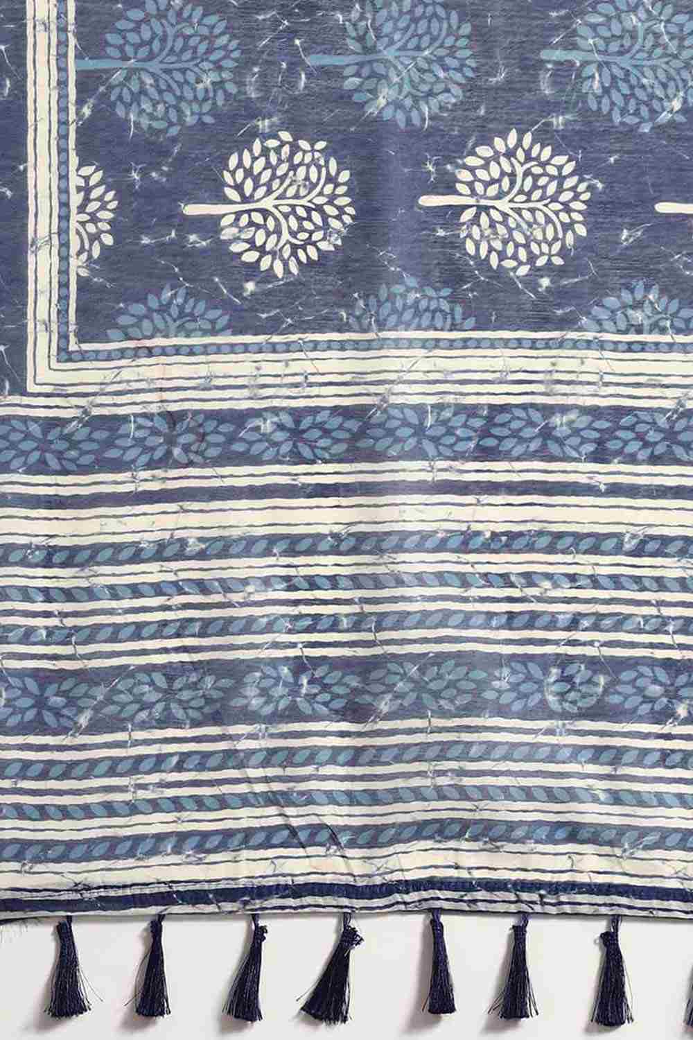 Buy Blue Cotton Block Printed Saree Online - Zoom In 