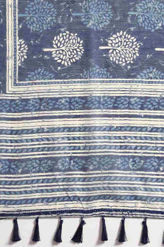 Buy Blue Cotton Block Printed Saree Online - Zoom In 