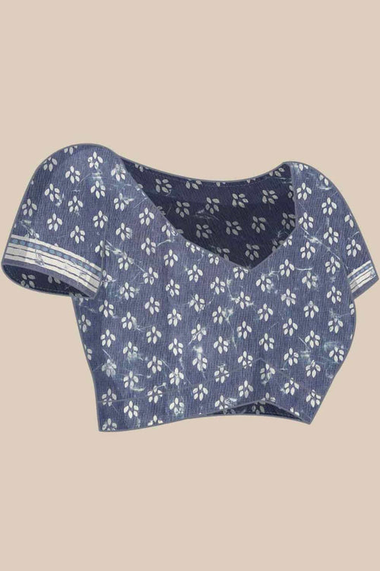Buy Blue Cotton Block Printed Saree Online - Side 