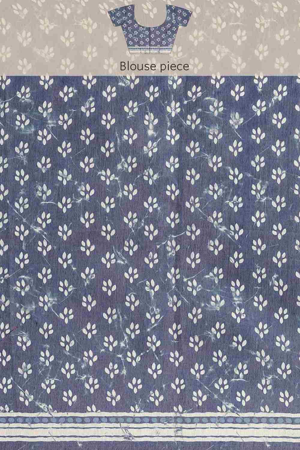 Buy Blue Cotton Block Printed Saree Online - Side1 