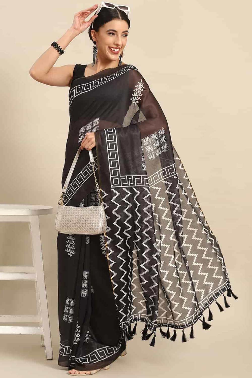 Buy Black Cotton Ethnic Motifs Banarasi Saree Online - Front 