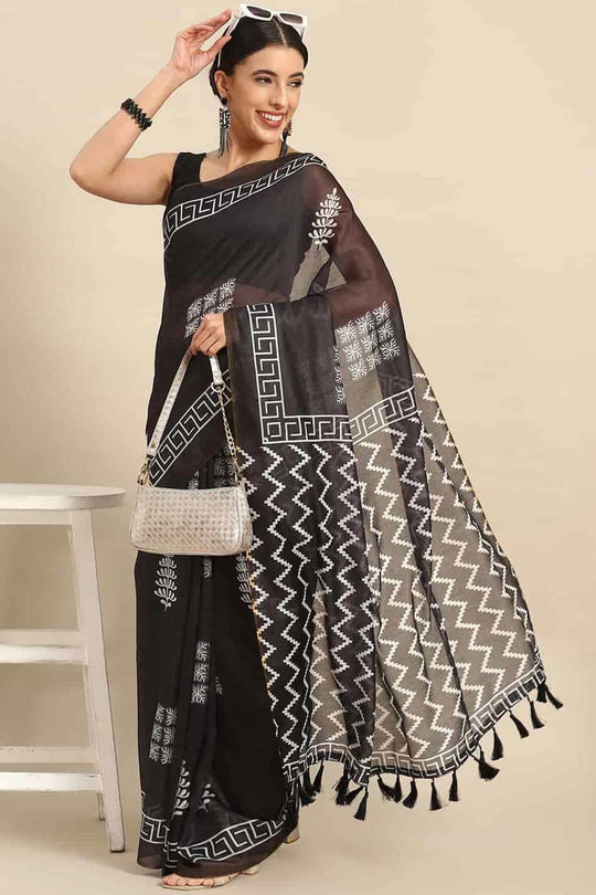 Buy Black Cotton Ethnic Motifs Banarasi Saree Online - Front 