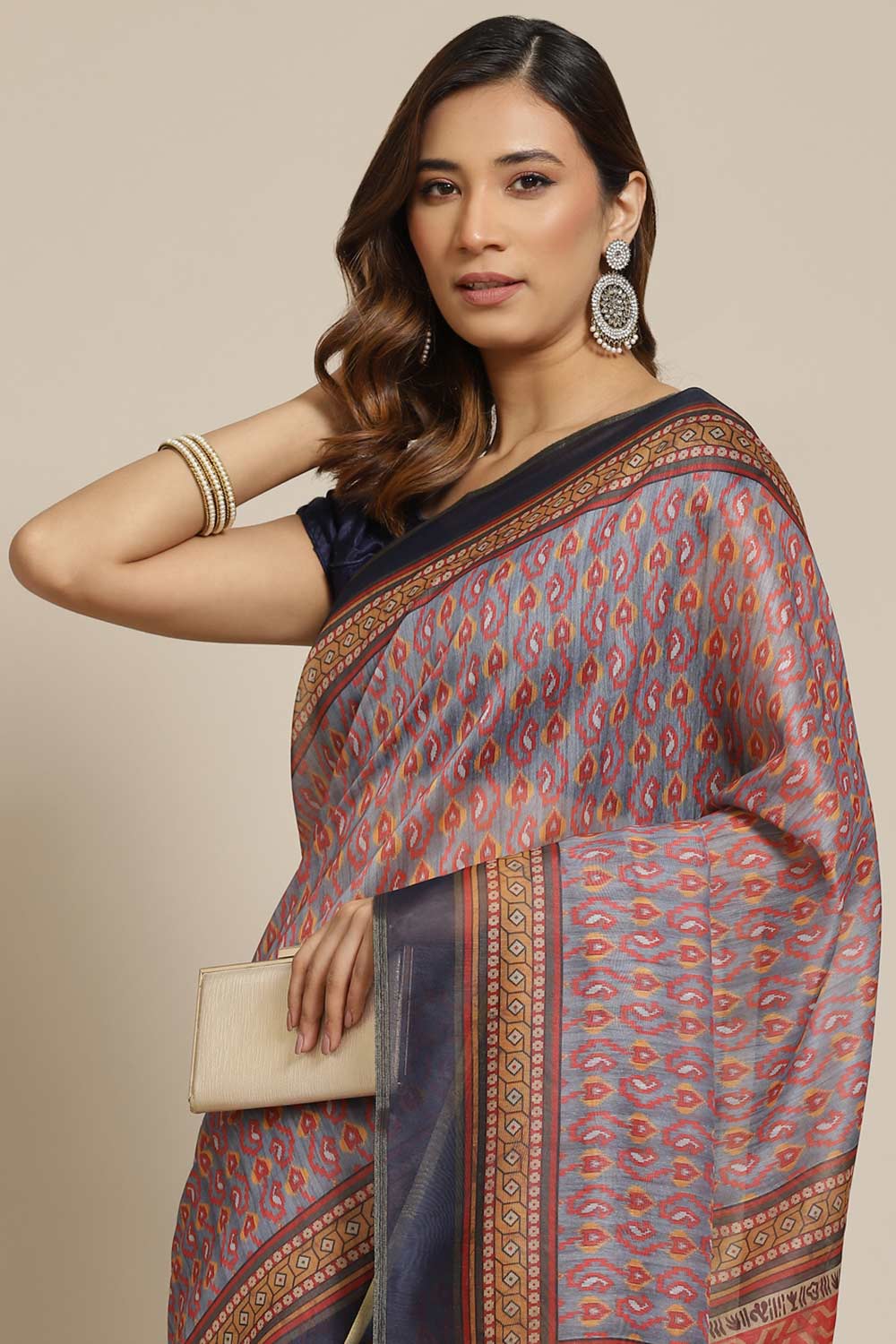 Buy Grey Cotton Block Printed One Minute Saree Online 