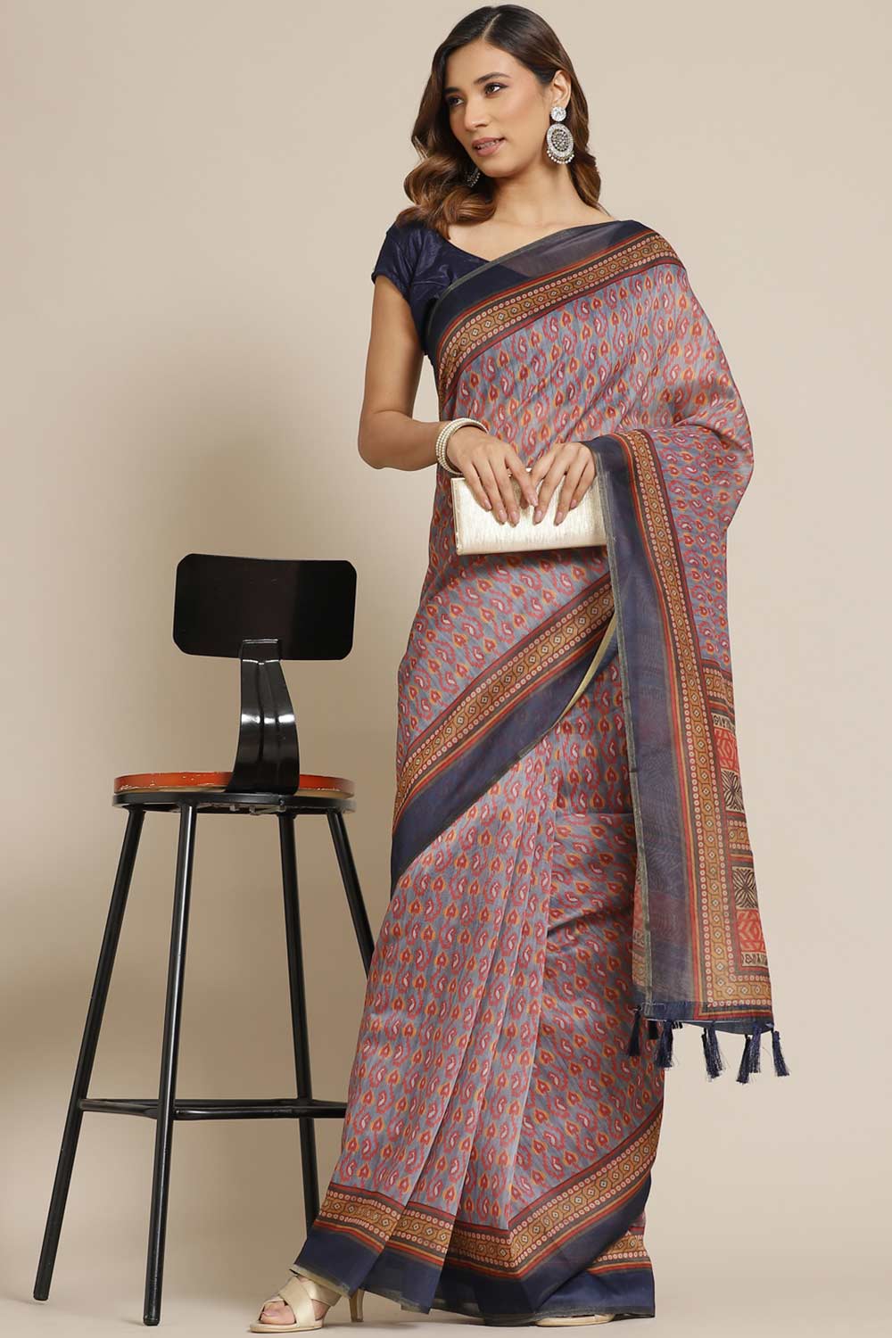 Buy Grey Cotton Block Printed Saree Online - Front 