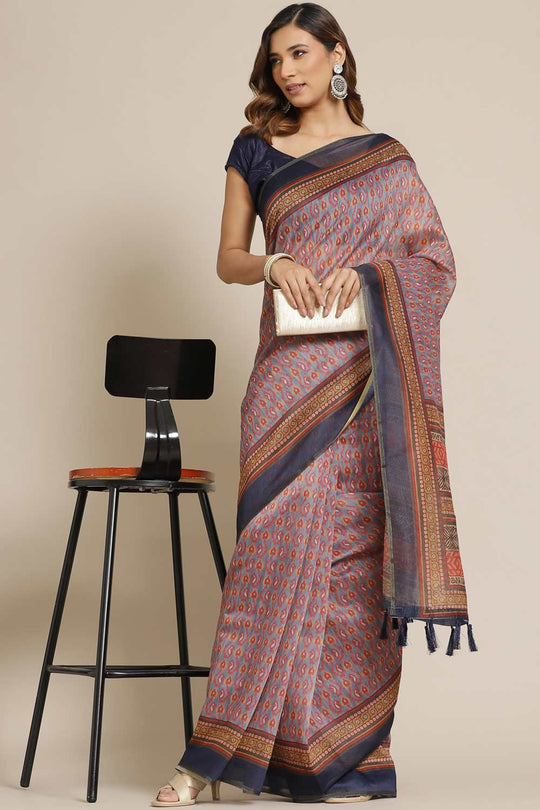 Buy Grey Cotton Block Printed Saree Online - Front 