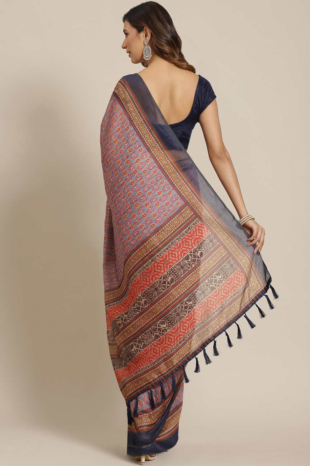 Buy Grey Cotton Block Printed Saree Online - Front 