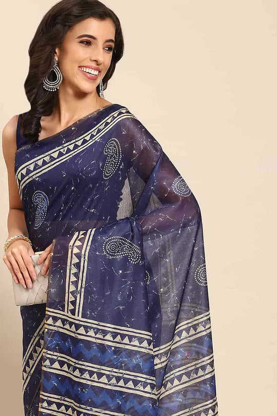 Buy Blue Cotton Block Printed One Minute Saree Online 