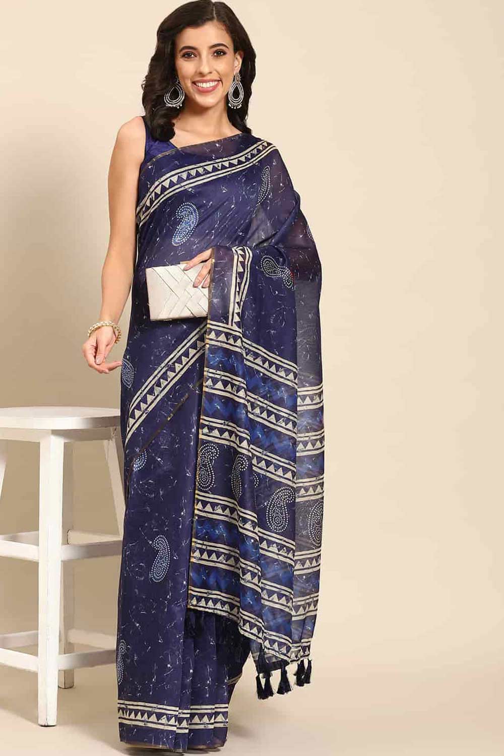 Buy Blue Cotton Block Printed Saree Online - Front 
