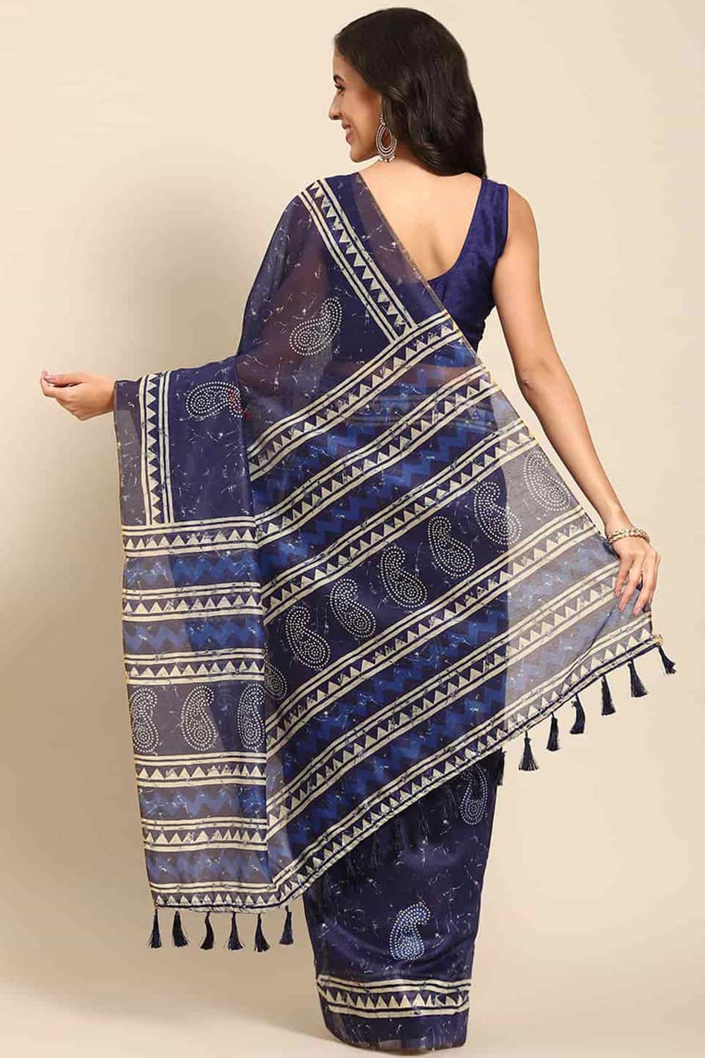 Buy Blue Cotton Block Printed Saree Online - Back 