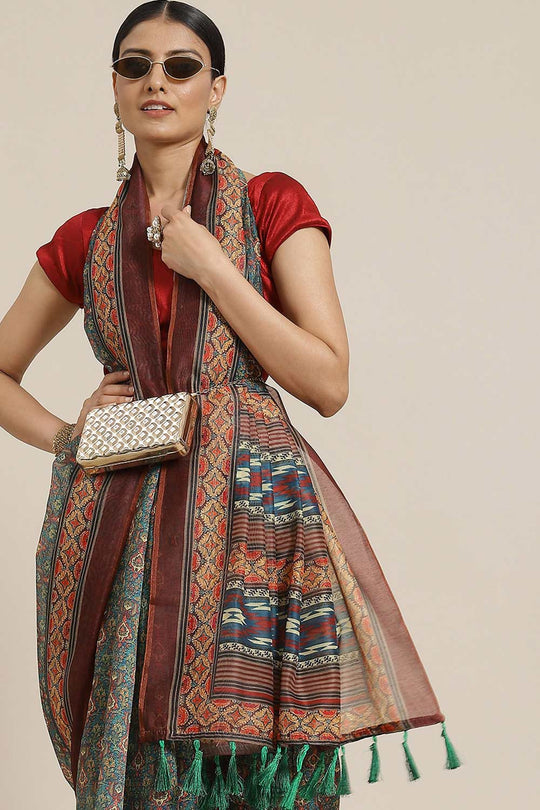 Buy Maroon Cotton Block Printed One Minute Saree Online 