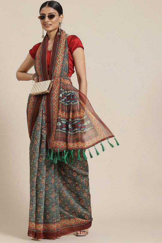 Buy Maroon Cotton Block Printed Saree Online - Front 