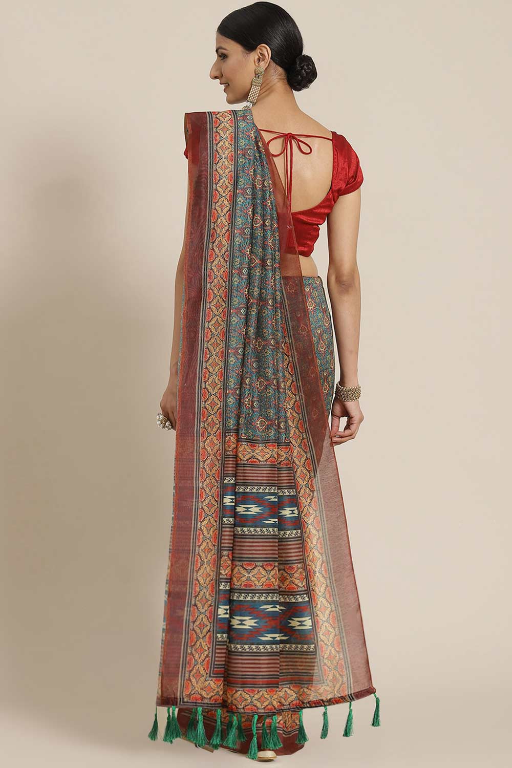 Buy Maroon Cotton Block Printed Saree Online - Back 