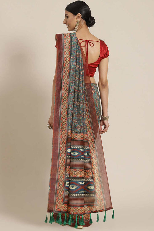 Buy Maroon Cotton Block Printed Saree Online - Back 