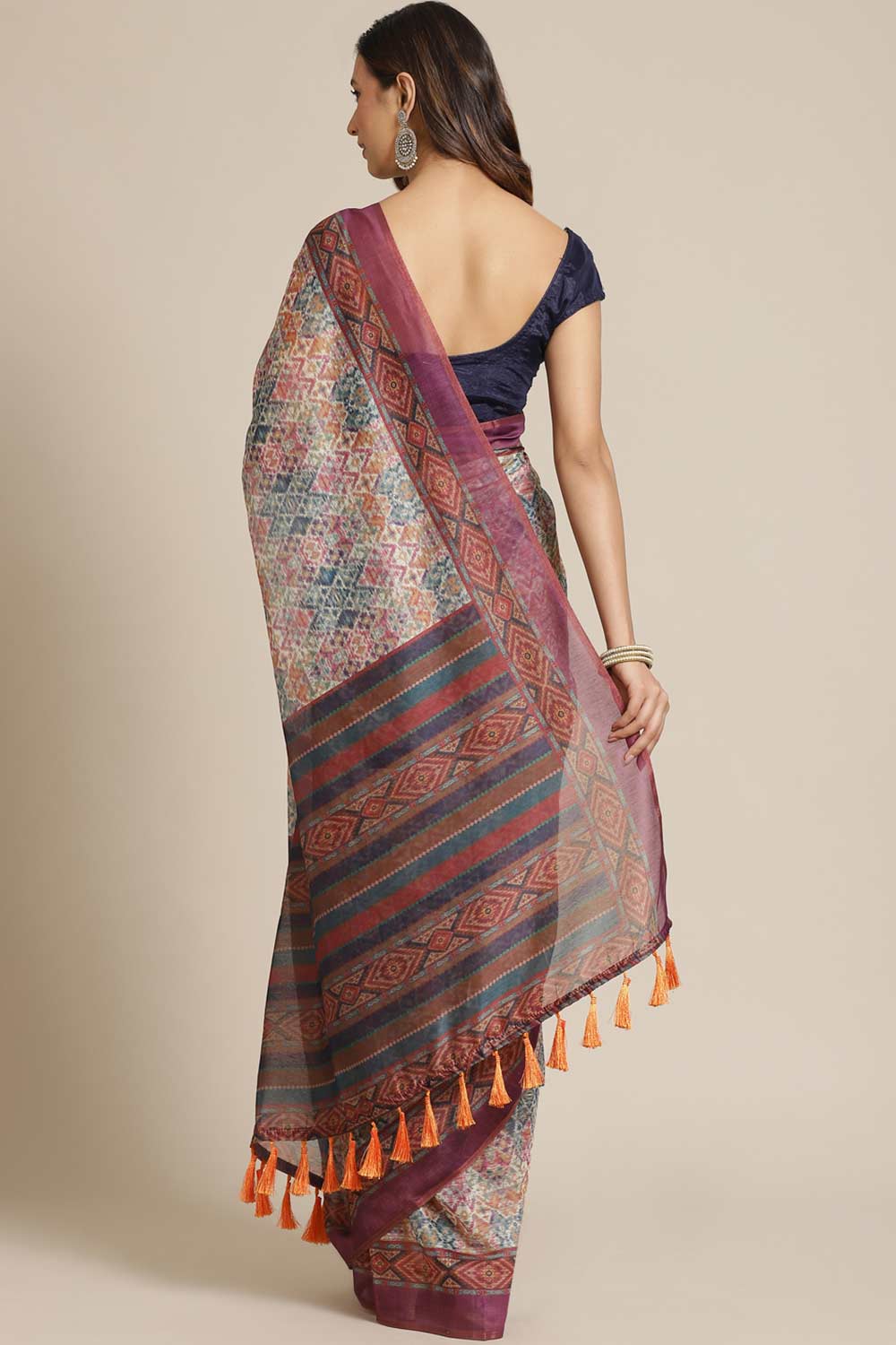 Buy Multicolor Cotton Block Printed Saree Online - Front 