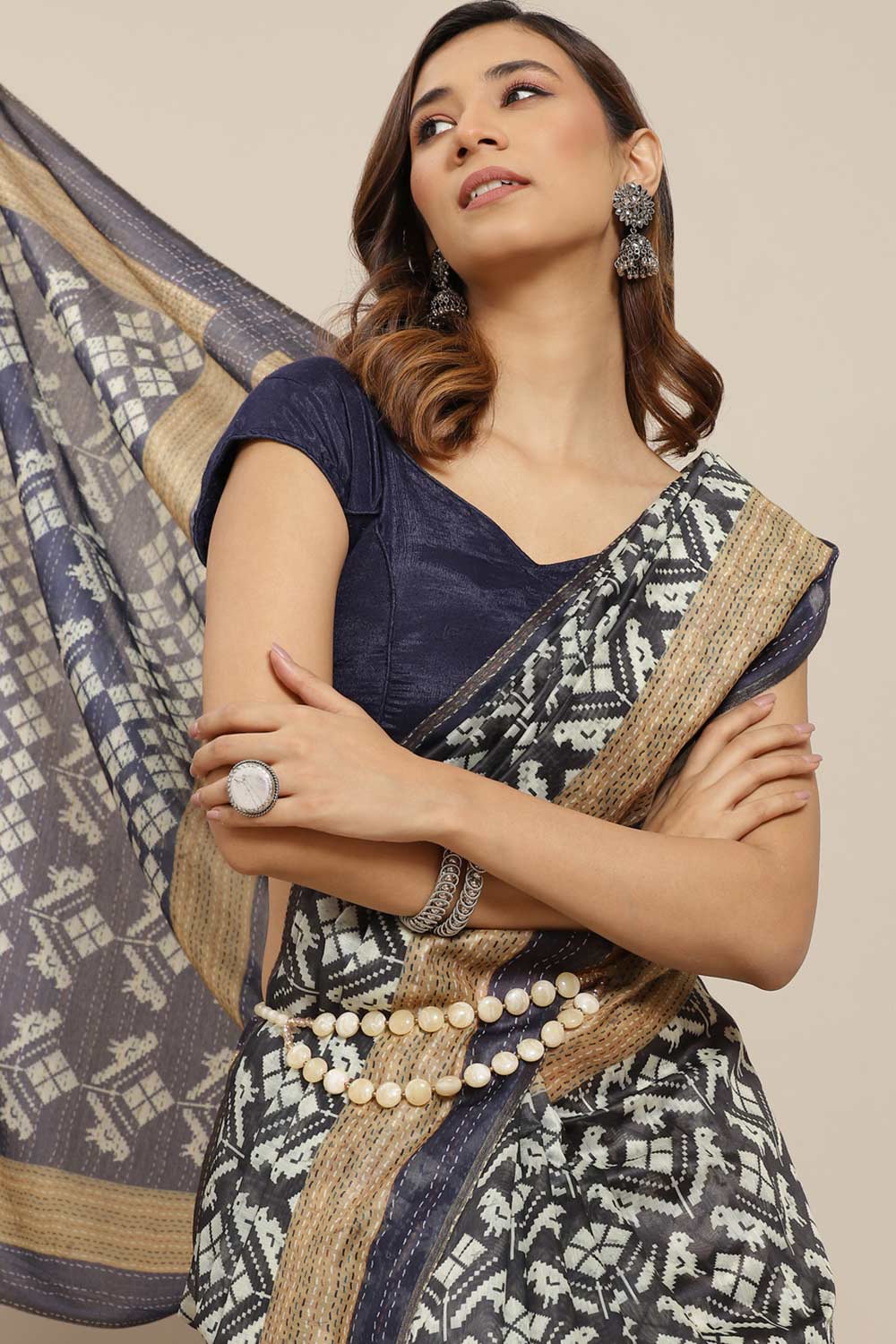 Buy Black Cotton Block Printed One Minute Saree Online 