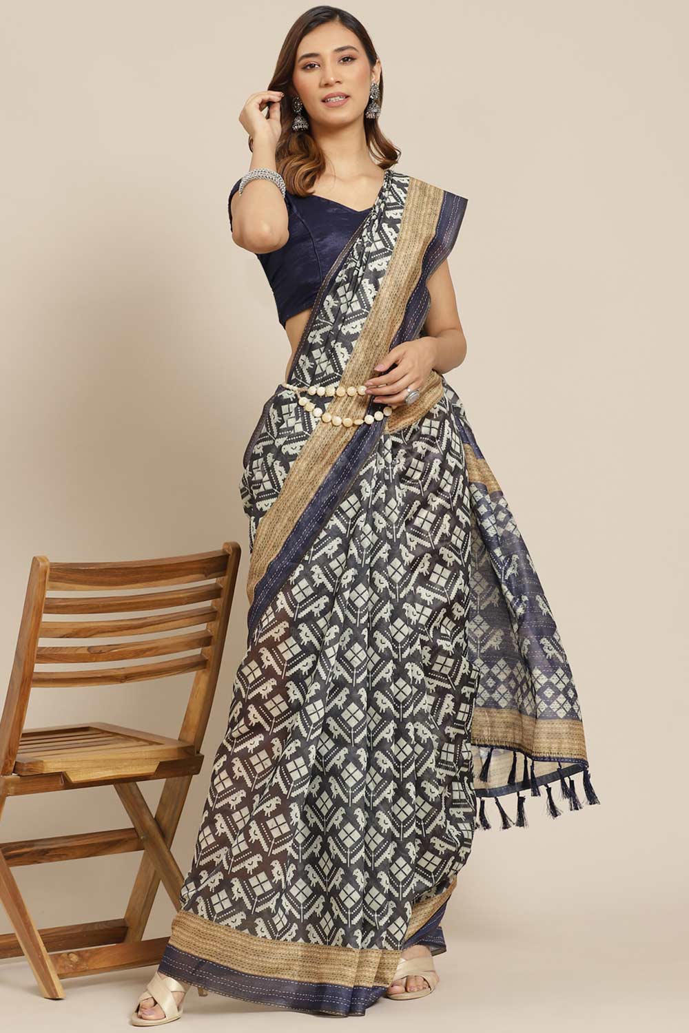 Buy Black Cotton Block Printed Saree Online - Front 