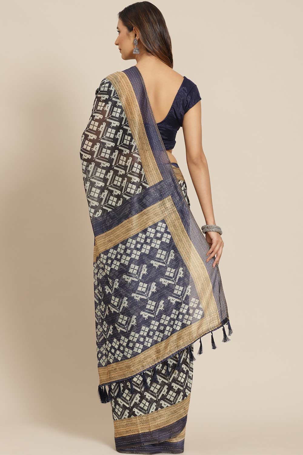 Buy Black Cotton Block Printed Saree Online - Back 