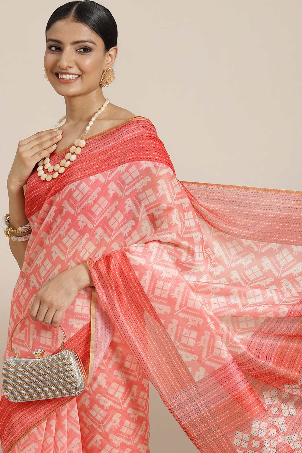 Buy Pink Cotton Block Printed One Minute Saree Online 