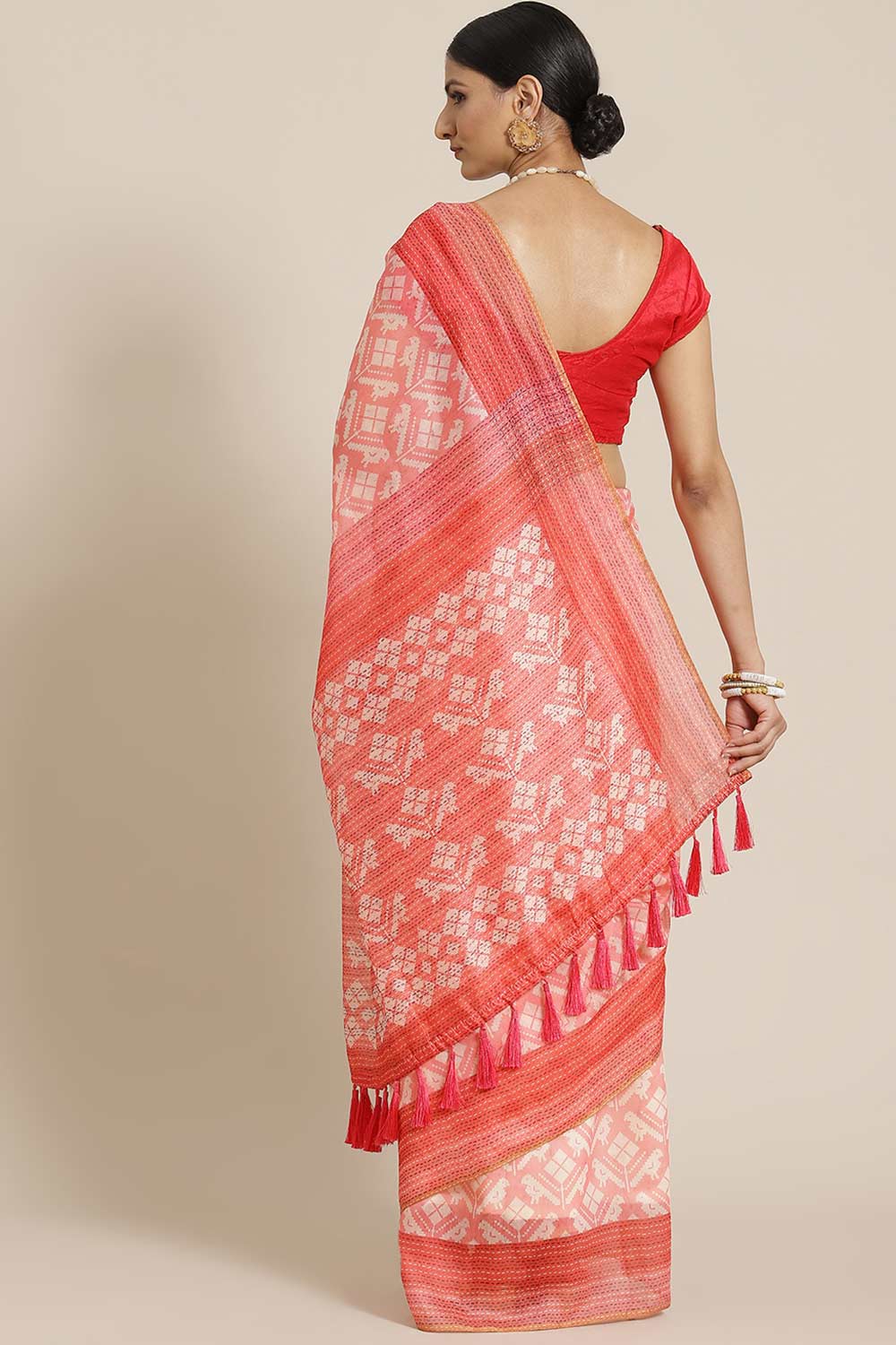 Buy Pink Cotton Block Printed Saree Online - Back 