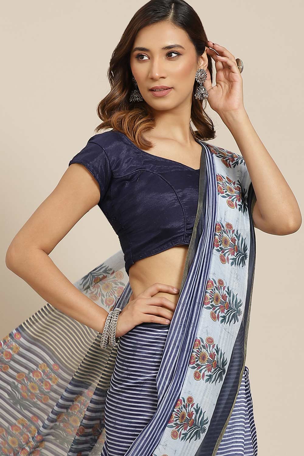 Buy Blue Cotton Block Printed One Minute Saree Online 