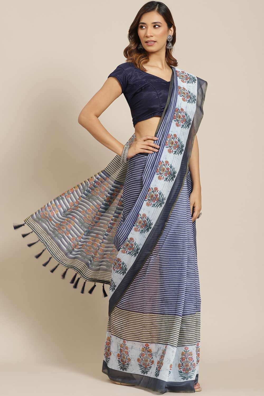 Buy Blue Cotton Block Printed Saree Online - Front 