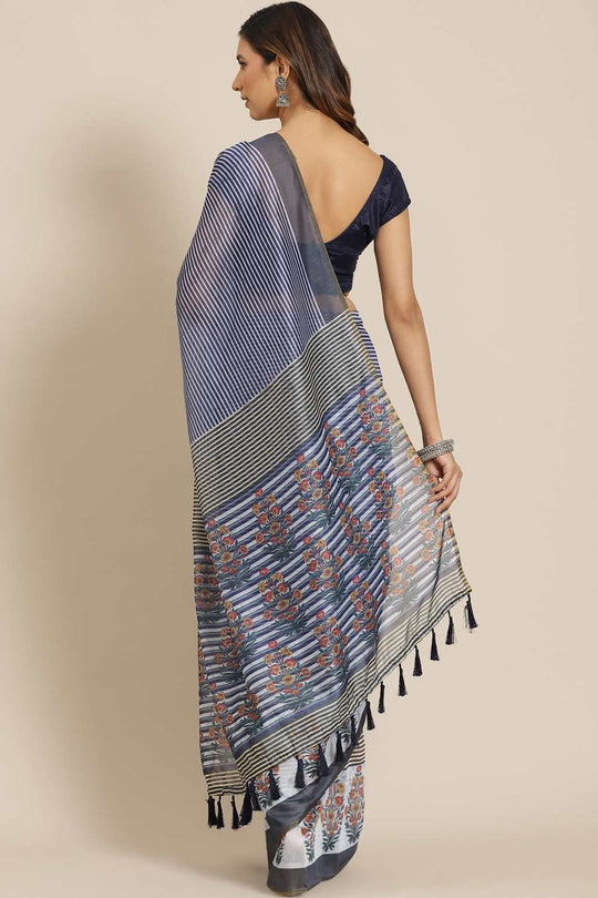 Buy Blue Cotton Block Printed Saree Online - Back 