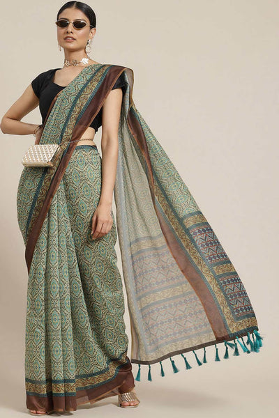 Buy Green Cotton Block Printed One Minute Saree Online 