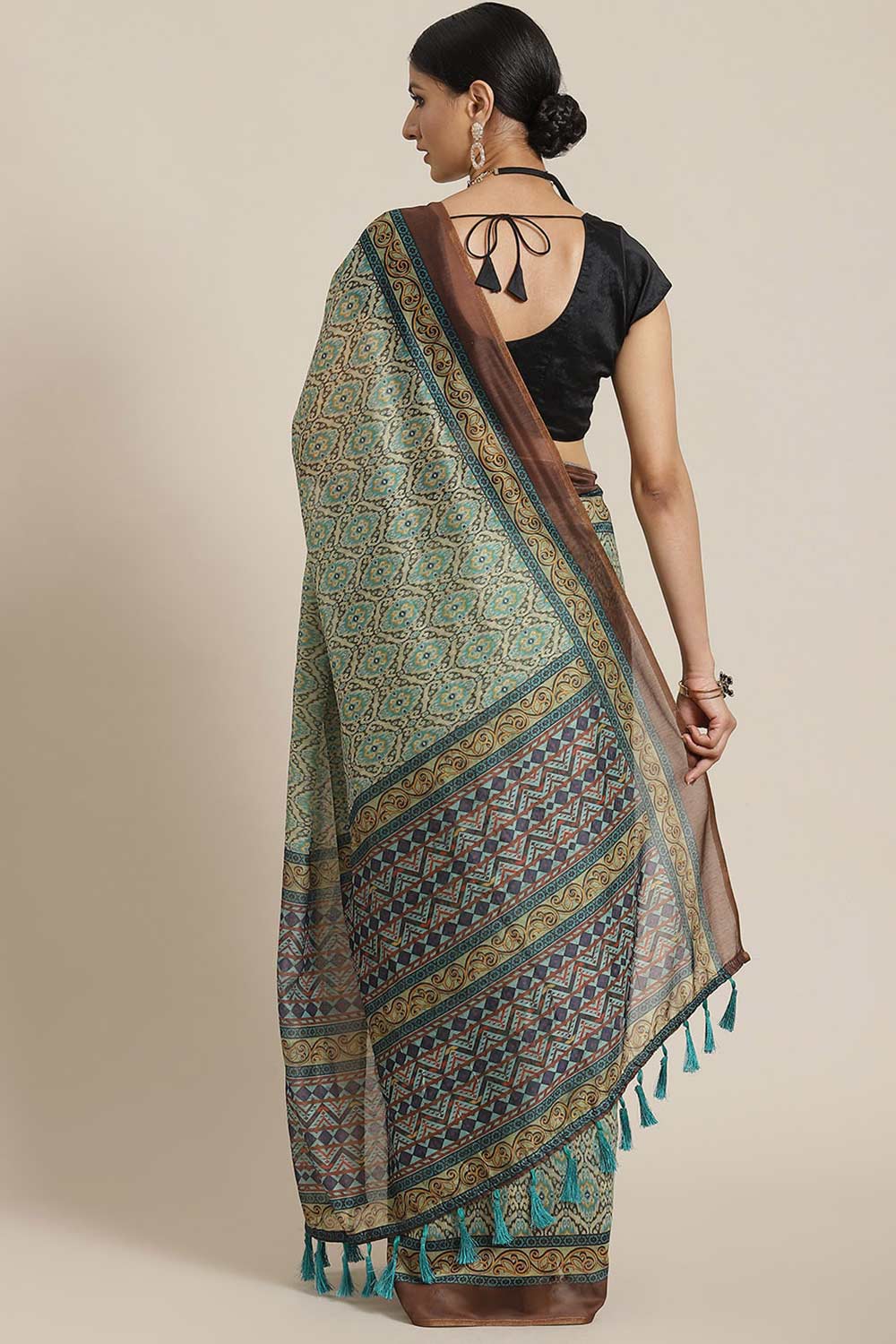Buy Green Cotton Block Printed Saree Online - Front 