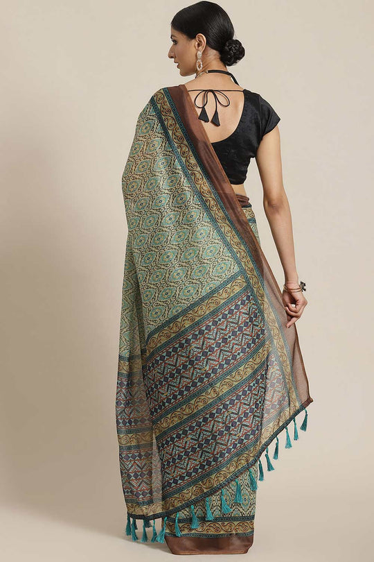 Buy Green Cotton Block Printed Saree Online - Front 
