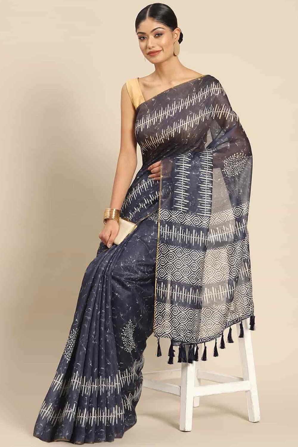 Buy Black Cotton Block Printed One Minute Saree Online 