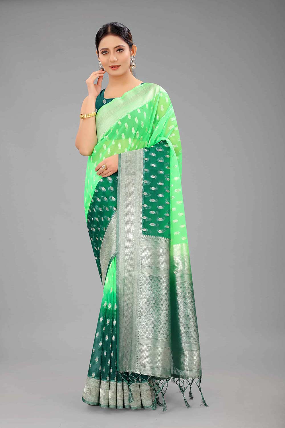 Buy Green Nylon Organza Ethnic Motifs Banarasi One Minute Saree Online 